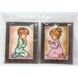 Vintage Praying Boy Girl Wall Plaques Set Sealed Nursery Religious Decor 9x7